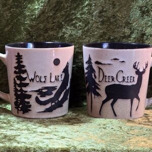 WOLF Lake & DEER Creek Silhouettes ~ 16 oz Stoneware LODGE Mug Cups ~ Set Of 2